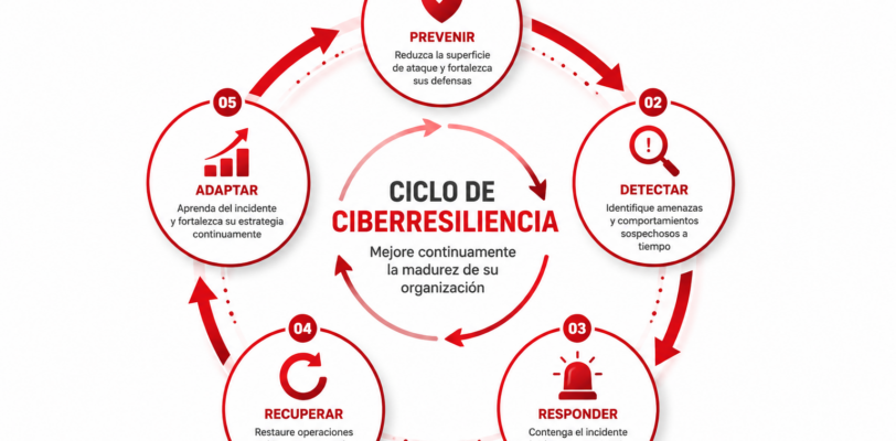 Modelo visual del ciclo de ciberresiliencia empresarial con las etapas Prevenir, Detectar, Responder, Recuperar y Adaptar para fortalecer la continuidad operacional frente a ciberataques.